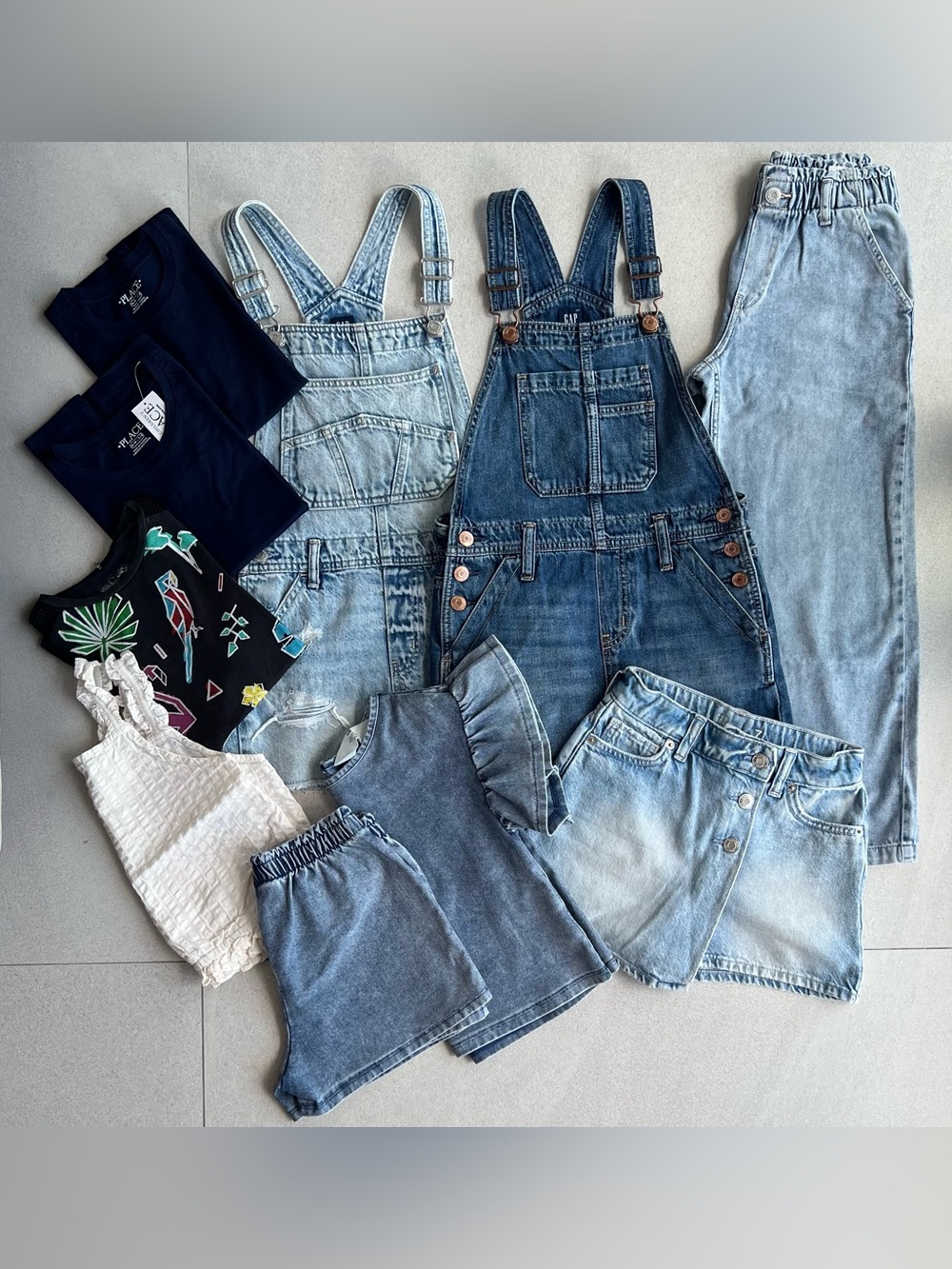 Girls clothes bundle: jeans, denim overalls, skort, shirts & top set, t-shirts